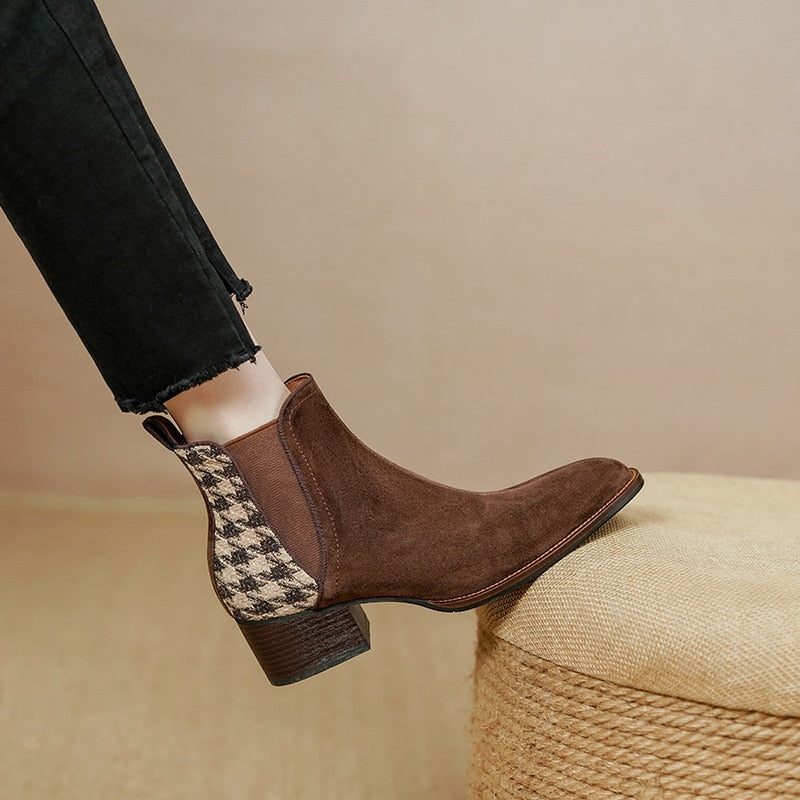 Bota Feminina Lancaster Xadrez de Couro Suede